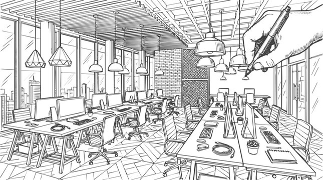 Creative hand drawn office interior sketch showing an architectural workspace design with modern desks and computer workstations