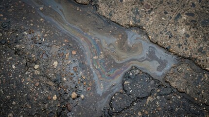 Fototapeta premium Overhead view of petroleum slick flowing through cracked asphalt and gravel with rainbow iridescent patterns for environmental background and pollution awareness banner