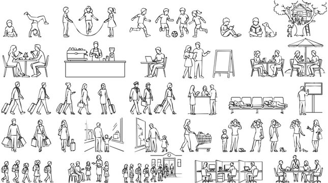 Large Set of Architectural Figures and Hand Drawn Line Art featuring a People Collection and Lifestyle Doodles for Professional Design and Layouts