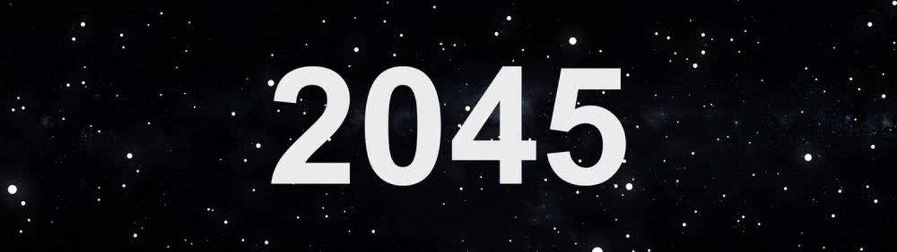 2045 future year concept in deep space with glowing stars and cosmic background.