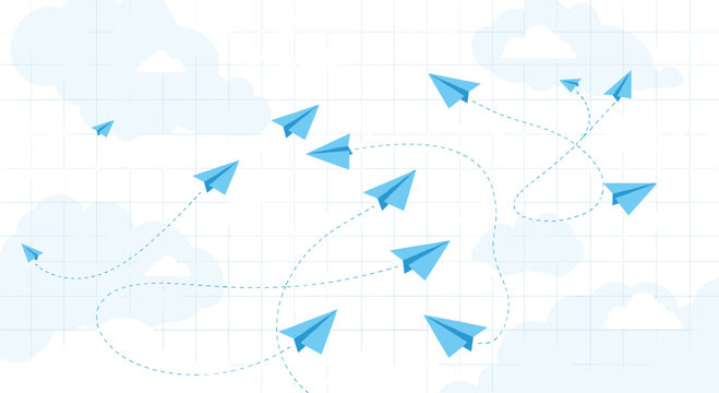 Multiple blue paper planes flying in different directions through white clouds on a grid background symbolizing communication and travel.