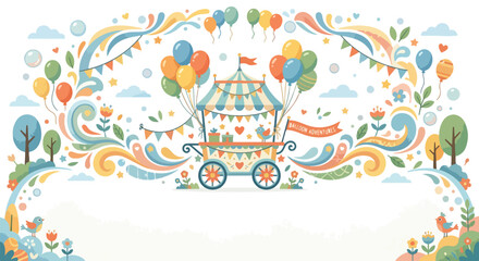 A whimsical vector illustration features a festive balloon adventure cart adorned with colorful banners, balloons, and playful nature elements. © Regina