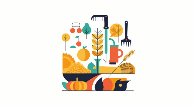 Colorful illustration of fall-themed items including fruits, vegetables, and gardening tools