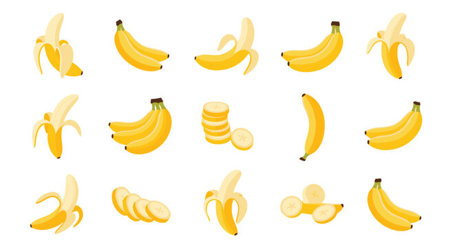 Large collection of yellow bananas in different forms like whole fruit, bunches, peeled, and sliced pieces on a white background.