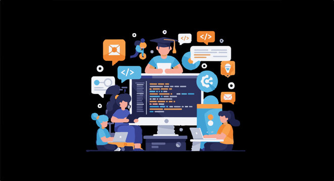 Colorful illustration of four people working on computers surrounded by coding and communication symbols