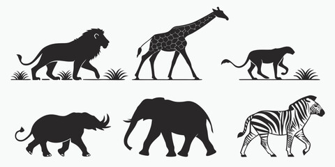 Set of wild animal silhouettes including lion giraffe cheetah elephant and zebra with silhouette wildlife elephant collection illustration isolated predator creature standing creative © Jahid