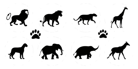 Black silhouette collection of exotic animals and paw prints for wildlife design with silhouette wildlife elephant illustration isolated collection footprint predator creature creative © Jahid