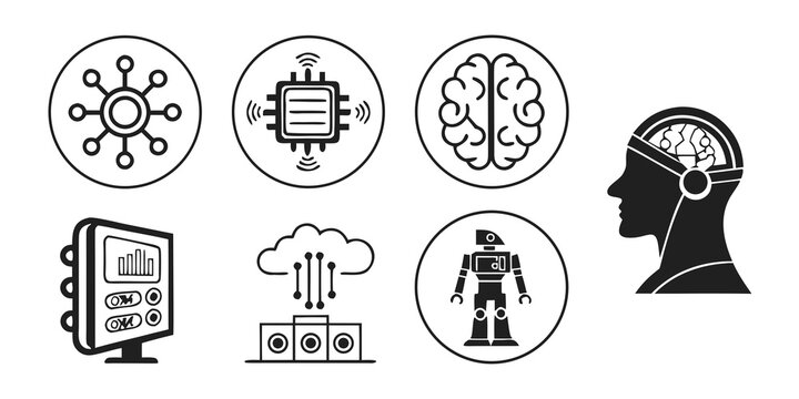 Artificial intelligence and technology icons set with neural network processor brain cloud computing robot and human mind concept technology processor innovation computing cybernetic automation