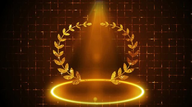 4K Elegant golden laurel wreath animation with spotlight.Luxury Winner Background for award ceremonies, achievements, marketing, social media, and sales promotions.Golden Laurel Frame Animation.
