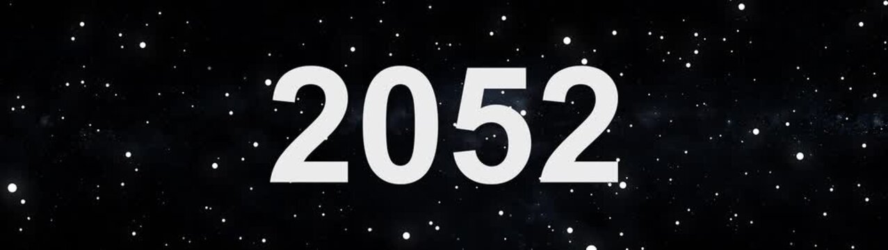 2052 future year concept in deep space with glowing stars and cosmic background.