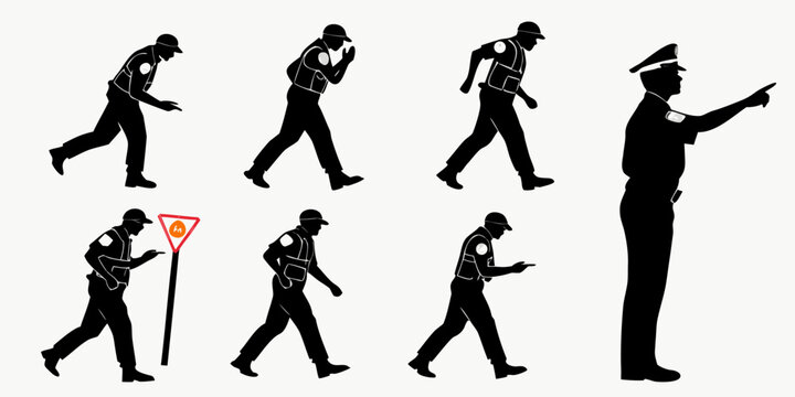 Collection of police officer silhouettes performing duties and signaling with silhouette signaling enforcement security pointing protection authority policeman official collection monochrome
