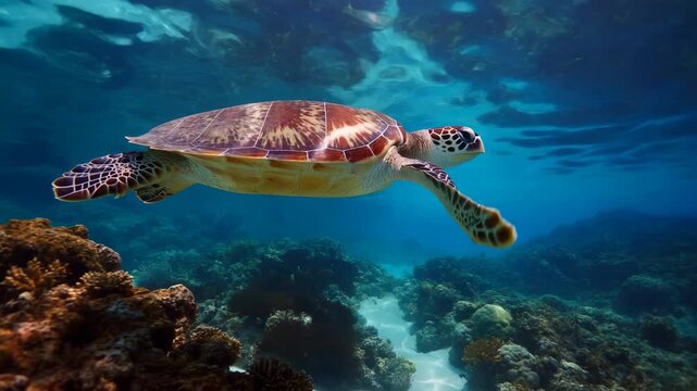 Sea turtle gliding over coral reef in blue water