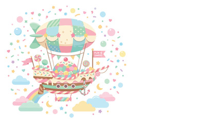 A whimsical pastel candy airship floats gracefully through a magical sky filled with fluffy clouds, colorful rainbows, and sweet sprinkles. © Regina