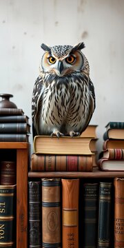 Whispering owl perches on top of wooden bookshelves, surrounded by vintage tomes, books, nature