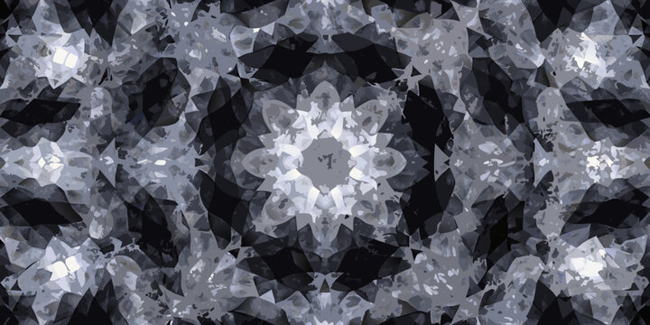 Geometric kaleidoscope pattern with symmetrical arrangement and grayscale tones