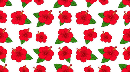 Seamless Red Hibiscus Flower Pattern on White Background © alifya