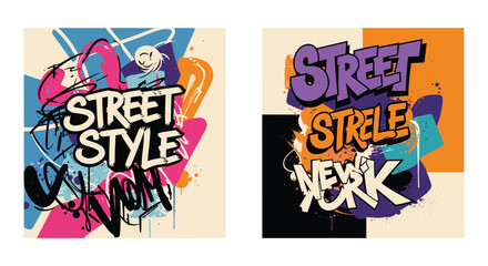 Obraz premium Dynamic urban graffiti art features bold street style typography with vibrant colors and expressive splatters on a multi-paneled background.