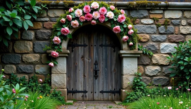 Floral wreath adorns ancient stone gate with weathered stonework and moss , flower wreath, stone gate, vintage