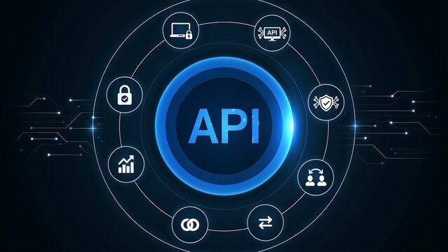 A futuristic illustration of API icons arranged around a central logo on a dark background with glowing blue accents.