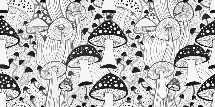 Mushroom pattern a black and white vector illustration with detailed caps