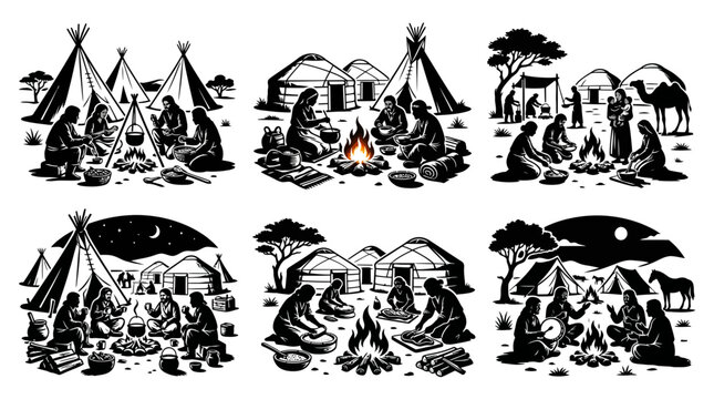 Silhouettes of indigenous camp life with tipis, yurts, and campfires.