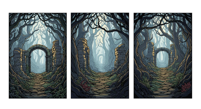 Atmospheric triptych of a dark fantasy forest features narrow paths leading through mysterious stone arches into a misty light.
