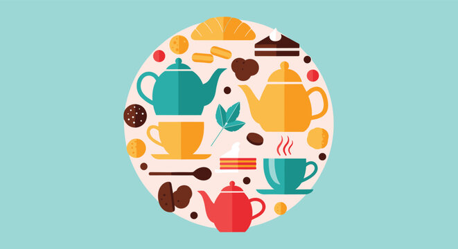 Beautifully arranged tea time icons in a circular composition featuring teapots, cups, cookies, cakes, and pastries on a blue background.