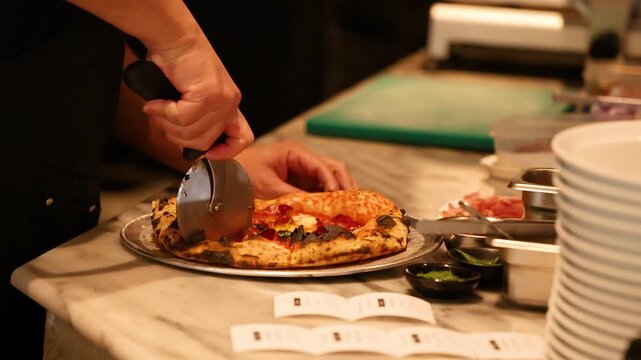 Chef Slicing Fresh Artisan Pepperoni Pizza with a Roller Cutter