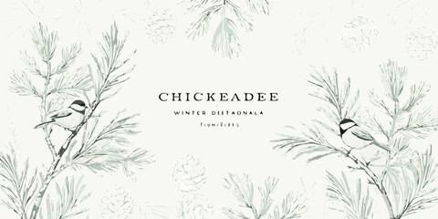 Chickadee Illustration With Pine Branches And Cones Pale Green Tones © Mamata
