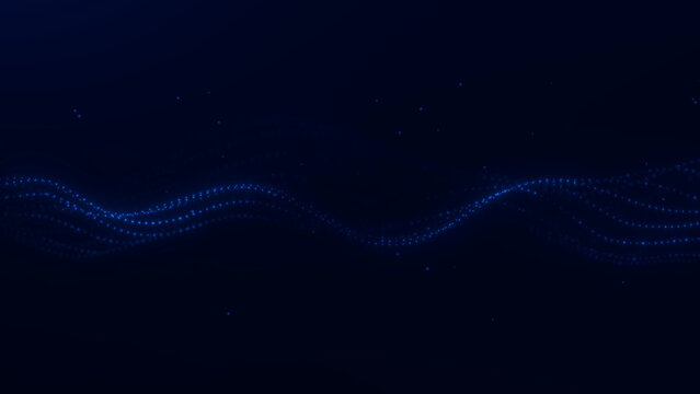 Minimal blue particle waves flow along a dark horizontal background with wide copy space, suited for digital communication, sound analysis, technology, and business design.