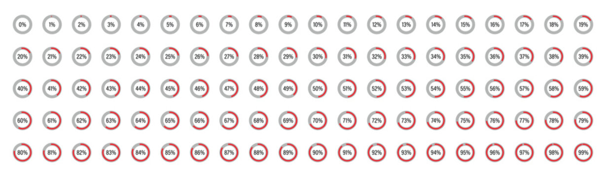 Set of round infographic pie charts, template segment of circle icons 0% - 100%, Percentage loading icons. Set of 1% to 100% circular progress indicators. Progress bars. Pie charts indicator.