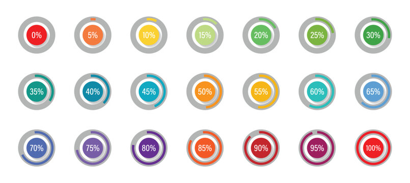 Set of round colorful infographic pie charts, template segment of circle icons 0% -Circular progress percentage ring icons set from 10 to 100 showing loading status status and progress levels.