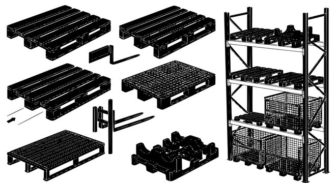 Set of wooden pallets and metal storage racks for industrial warehouse logistics and material handling equipment vector