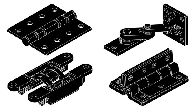 Set of various industrial door hinges and hardware components in detailed isometric black and white vector illustration