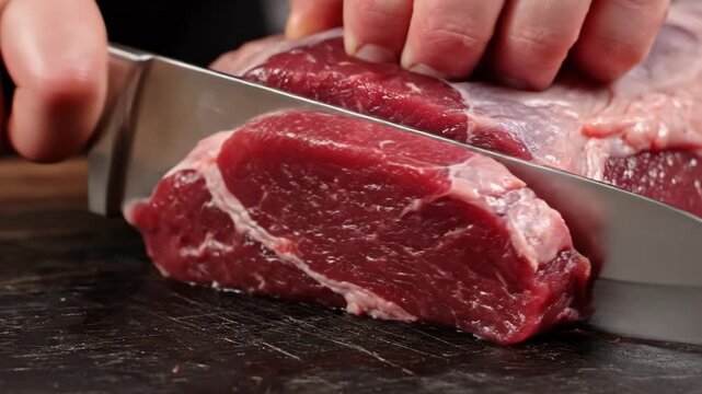 Close-up of sharp silver stainless steel chef's knife slicing through fresh raw red beef meat steak on dark wooden cutting board, showing muscle fiber and marbling detail.