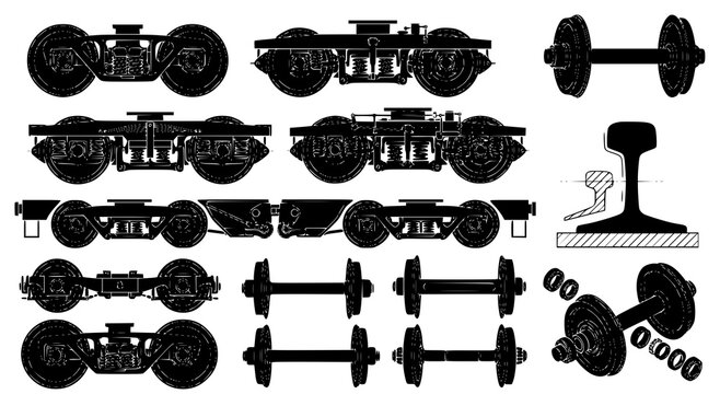 Railway rolling components and heavy duty industrial rail parts as detailed black and white vector icons
