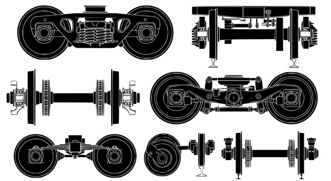 Industrial train wheel bogie assembly technical diagram set in high contrast black and white vector illustration style