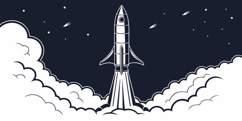 Space rocket launching into orbit with smoke and stars background blastoff exploration astronomy universe propulsion ignition transport technology adventure illustration monochrome © Maisa