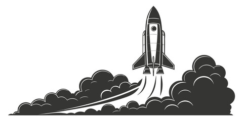 Graphic illustration of space rocket launching with thick smoke exploration propulsion astronomy transportation ascending business achievement ambition engineering illustration monochrome © Maisa