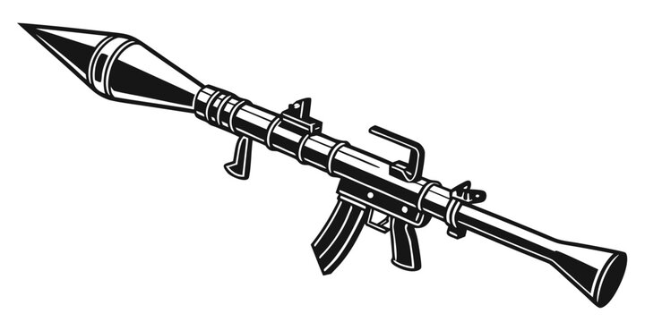 Detailed graphic illustration of a shoulder fired anti tank rocket launcher weapon with military grade launcher military artillery armament equipment illustration monochrome isolated tactical