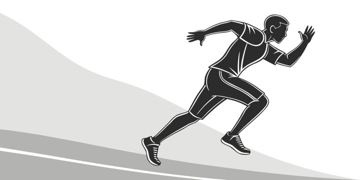 Graphic vector illustration of a sprinter on a track field background with sprinting silhouette competition exercise training movement velocity athletic muscular performance lifestyle