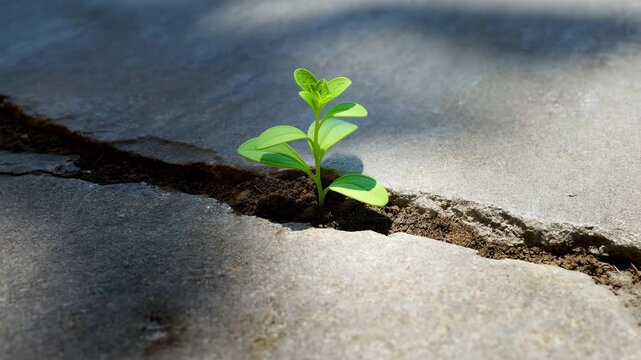 Seedling emerging from concrete crack in urban sidewalk