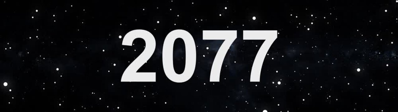 Happy new year 2077 countdown animation with glowing typography, cosmic space particles, Modern minimal black background, Futuristic celebration motion graphics.