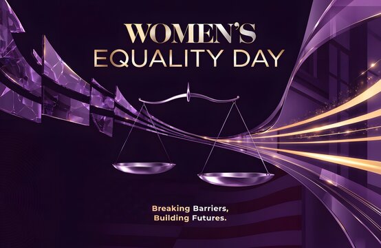 Womens equality day concept with scales of justice and abstract purple background