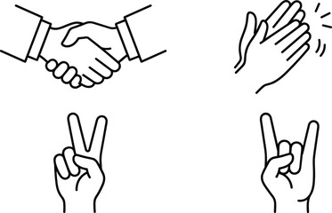 Fototapeta premium Business handshake deal clapping hands applause victory peace gesture and rock on horns sign language vector line icons