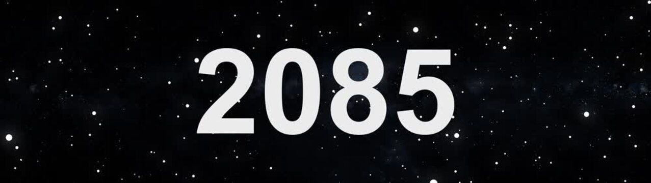 Happy new year 2085 countdown animation with glowing typography, cosmic space particles, Modern minimal black background, Futuristic celebration motion graphics.