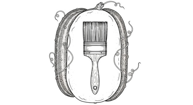 Hand-drawn illustration of a paintbrush inside a pumpkin outline, autumn theme