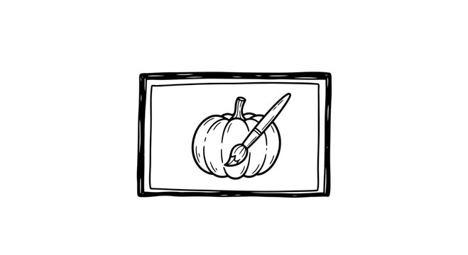 Hand-drawn illustration of a pumpkin being painted on a canvas with a paintbrush.