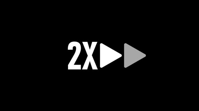 2x speed fast forward icon loop animation on black background with alpha channel. 2x speed for music, video concept.
