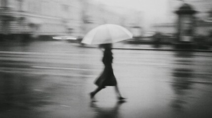 Naklejka premium A solitary figure with an umbrella walking through the rainy city, captured in a moody black and white atmosphere